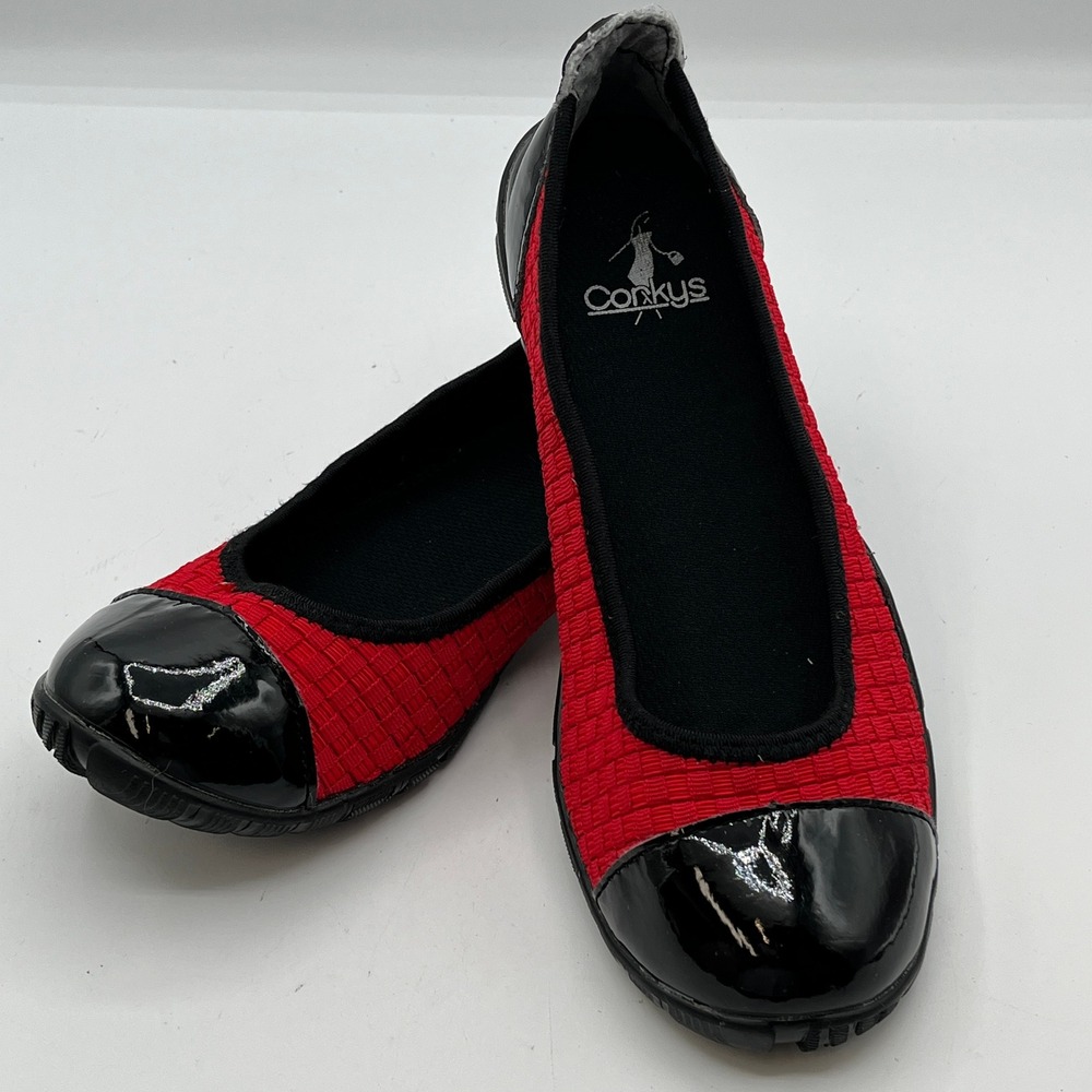 Corkys Red Basket Weave Black Patent Ballet Flat Cap Heel/ Toe Shoes Size 8 READ